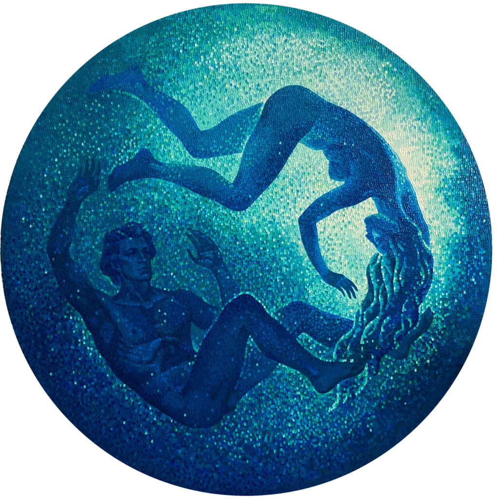 Abstract circular artwork showing two intertwined human figures floating in a blue, water-like sphere symbolizing harmony, balance, and unity.