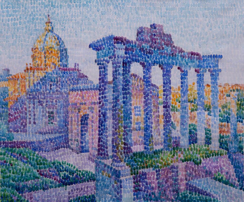 Panoramic view of ancient Rome in pointillist style