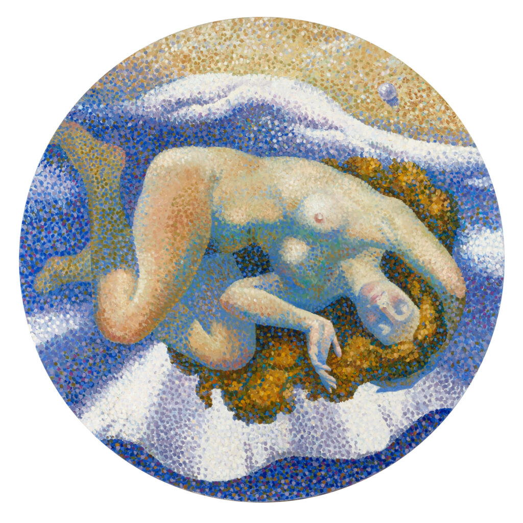 the nude Venus is sleepin in a shell partially under water. the pearl is near the beach. The tecnique of pointillism is used with patterns of bisque, copper, withe and blue