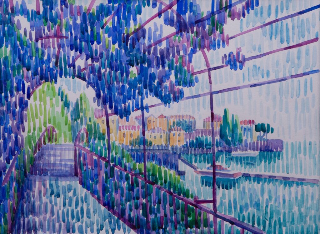 View of Varenna under wisteria flowers in pointillism style
