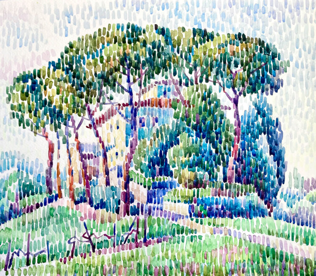 Mansion in Tuscany hulls sorrounded by pines. Pointillism and watercolors. Palettes in the tones of greens