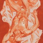 Uomo nudo sdraiato visto dalla testa in prospettiva