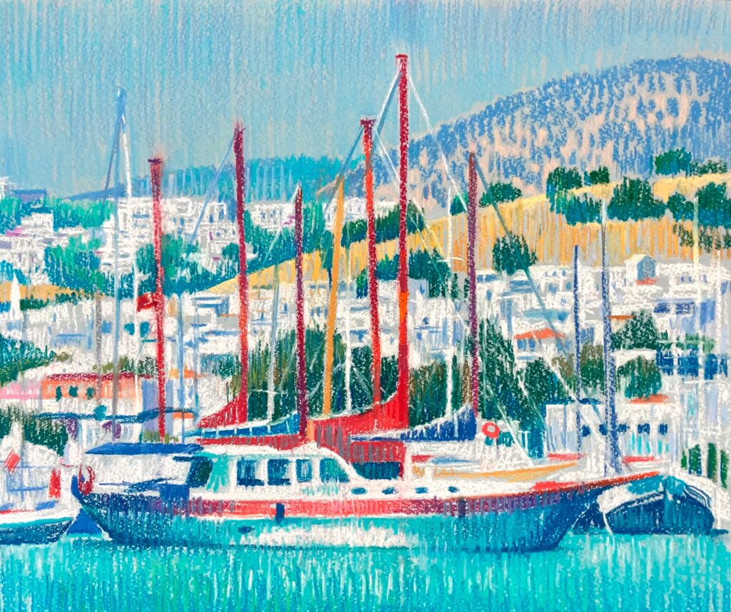 an harbour with red boats and the city from the water. Colorful