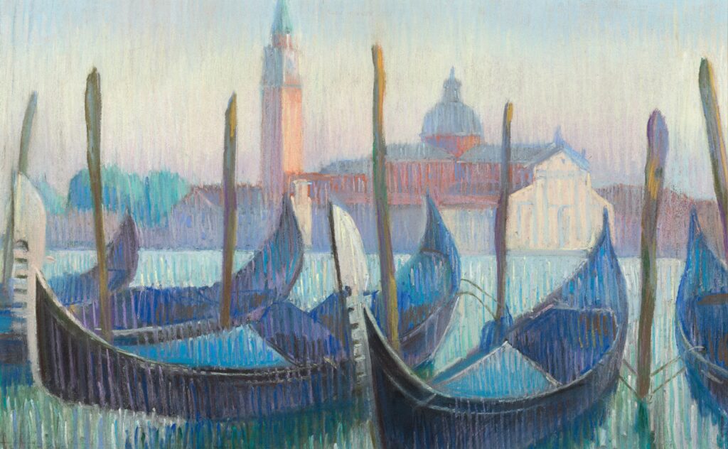 gondolas in Venice and the cathedral on background