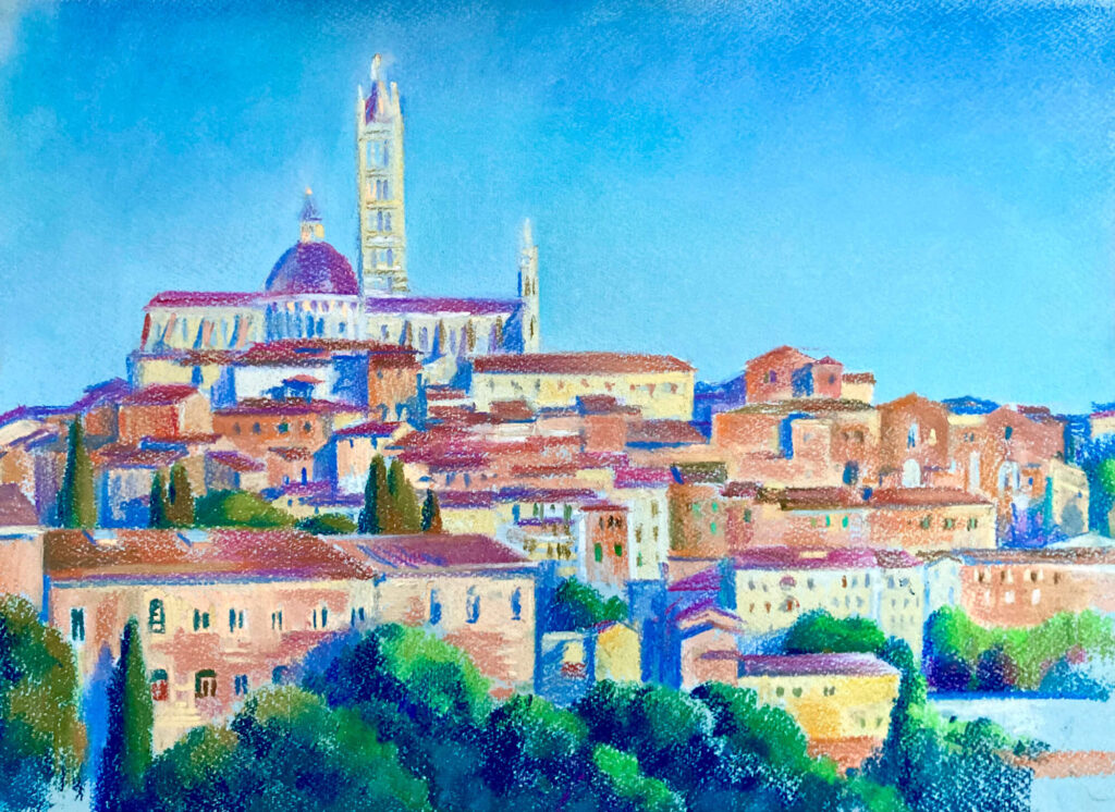 Scenery of Siena Cathedral from Fortezza Medicea. Pastel tecnique and palette of Apricot, Byzantine, brick with a Azure sky