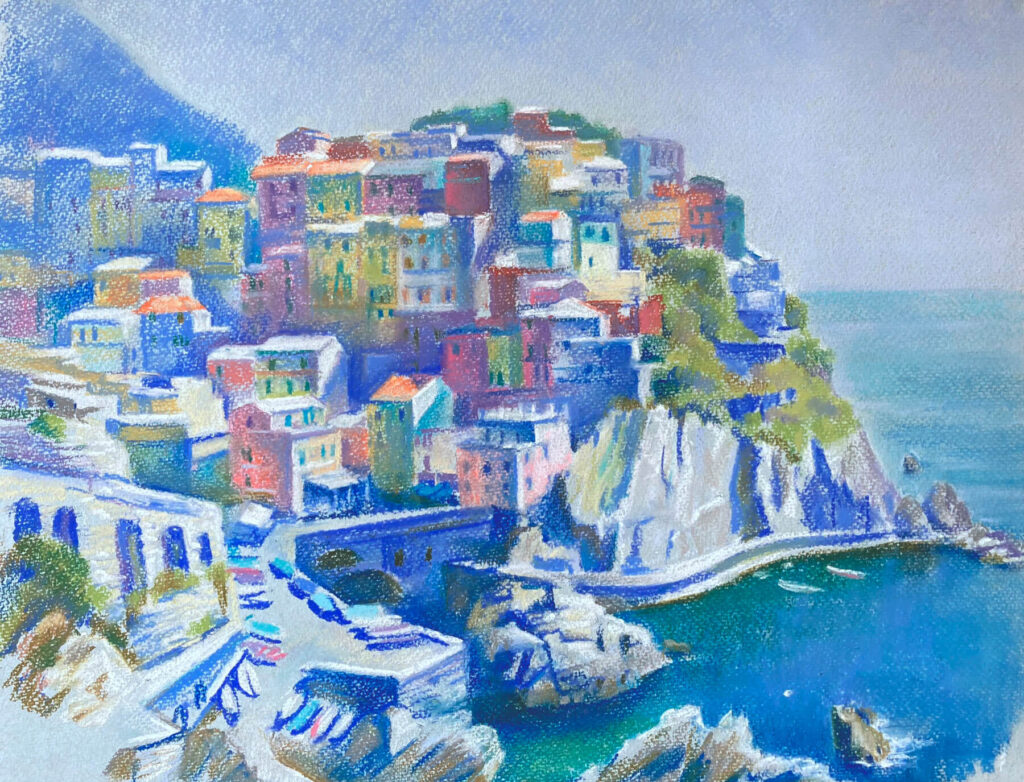 Scenery view of Manarola, "cinque terre" in a sunny day. Pastel tecnique and multicolor palette.