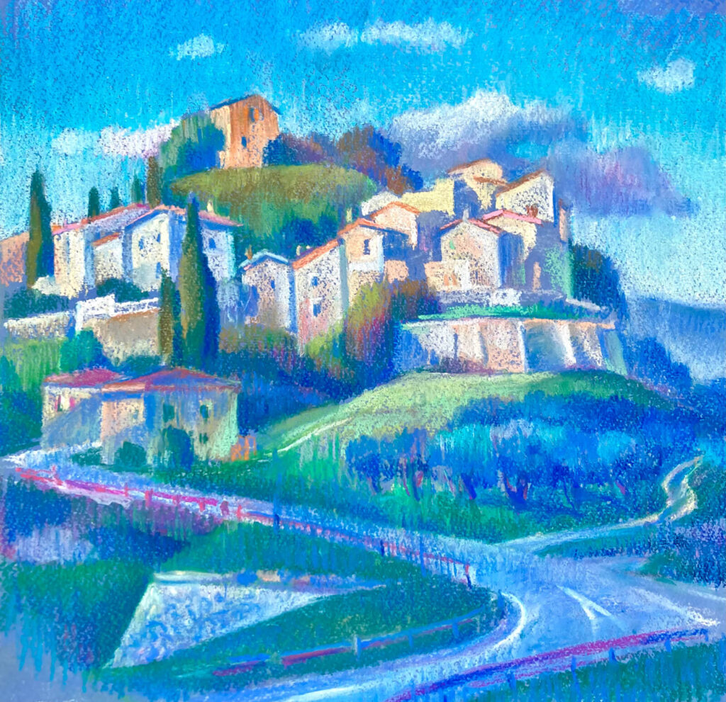 Penna Alta village, with few housing up on the hill and a street going towords the top. Pastel tecnique and palette mainly on greens, houses rhino and amaranth, sapphire sky