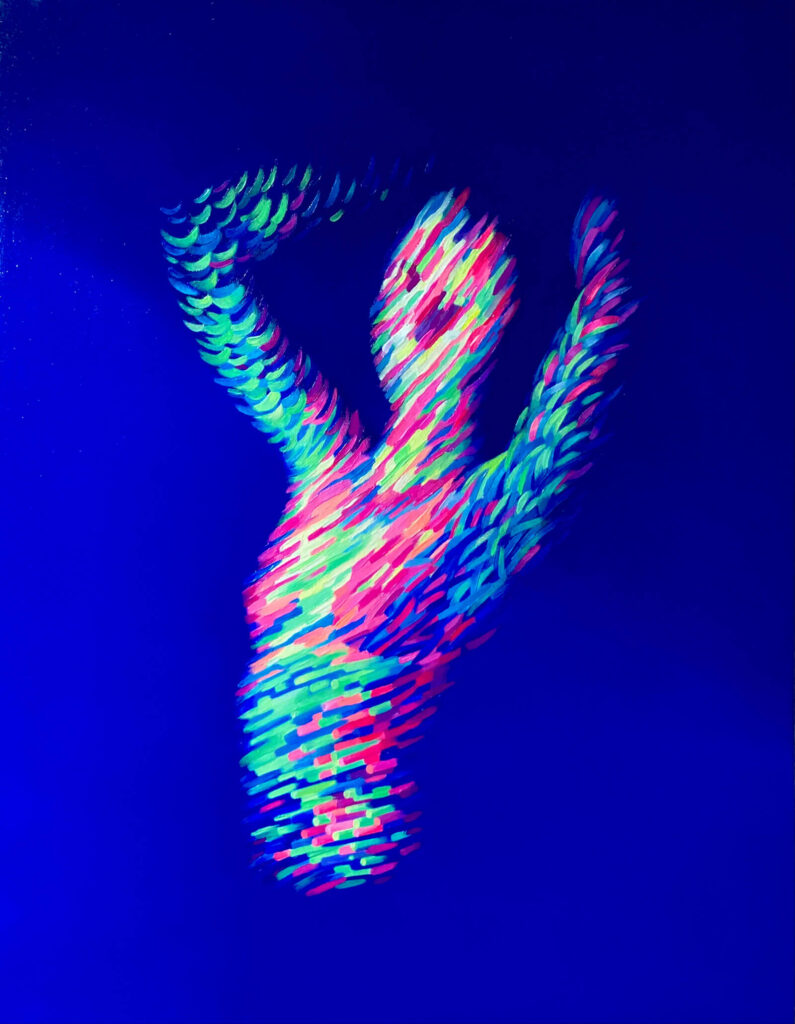 An abstract, biomorphic body emerges from a blue background, composed of dense, luminous strokes in blue, green, and pink. The fragmented, digital texture suggests motion and touch while remaining partially dissolved, evoking themes of virtual presence, connection, and disembodied interaction. The composition remind of a woman dencing with her hands on her head