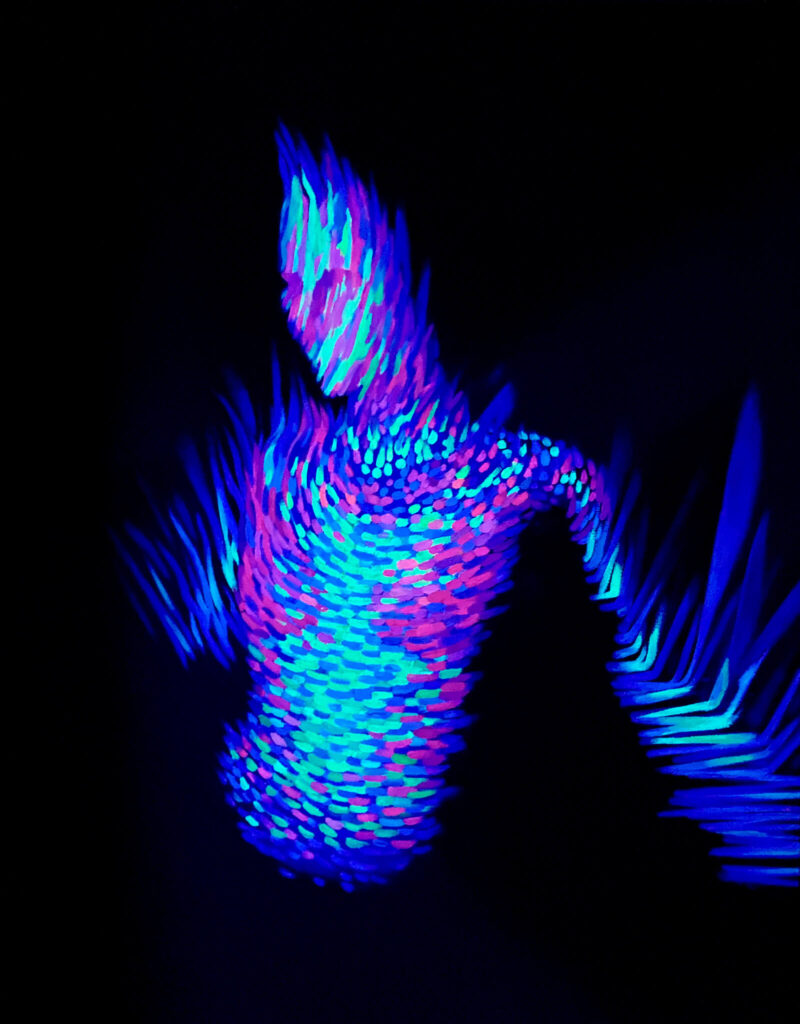 An abstract, biomorphic body emerges from a blue background, composed of dense, luminous strokes in blue, green, and pink. The fragmented, digital texture suggests motion and touch while remaining partially dissolved, evoking themes of virtual presence, connection, and disembodied interaction. The composition remind of a woman dencing with her arms opened