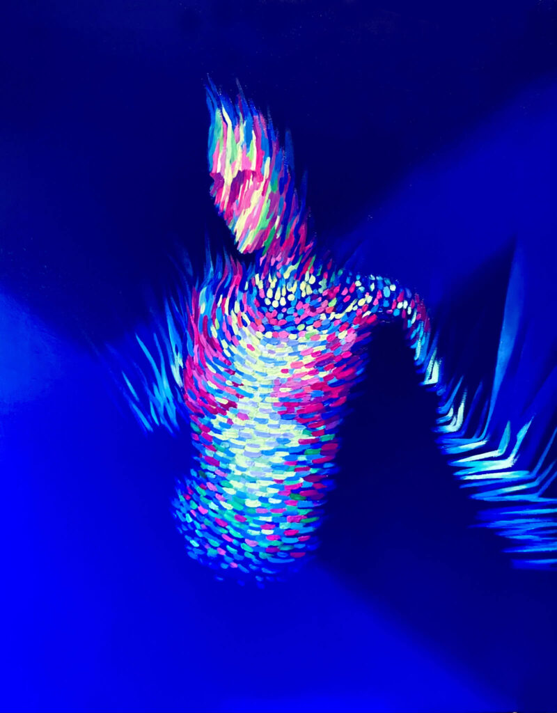 An abstract, biomorphic body emerges from a blue background, composed of dense, luminous strokes in blue, green, and pink. The fragmented, digital texture suggests motion and touch while remaining partially dissolved, evoking themes of virtual presence, connection, and disembodied interaction. The composition remind of a woman dencing with her arms opened