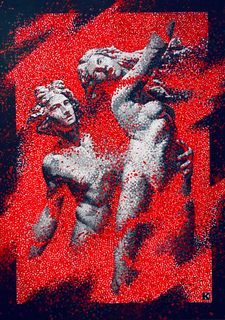A dynamic pointillist artwork shows overlapping grayscale tribute to Bernini Cupid and Daphne. The surface is built from dense, raised dots, giving the acrylic composition a tactile, high-relief texture.