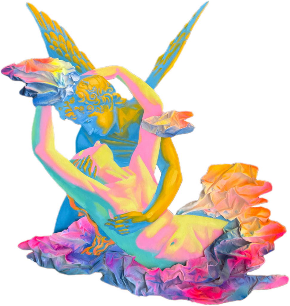 A contemporary pop art reimagining of the neoclassical sculpture 'Psyche Revived by Cupid's Kiss.' The mythological figures Cupid and Psyche are depicted in a loving embrace, rendered in a vibrant, psychedelic palette of glowing neon pink, yellow, and blue against a stark white background.