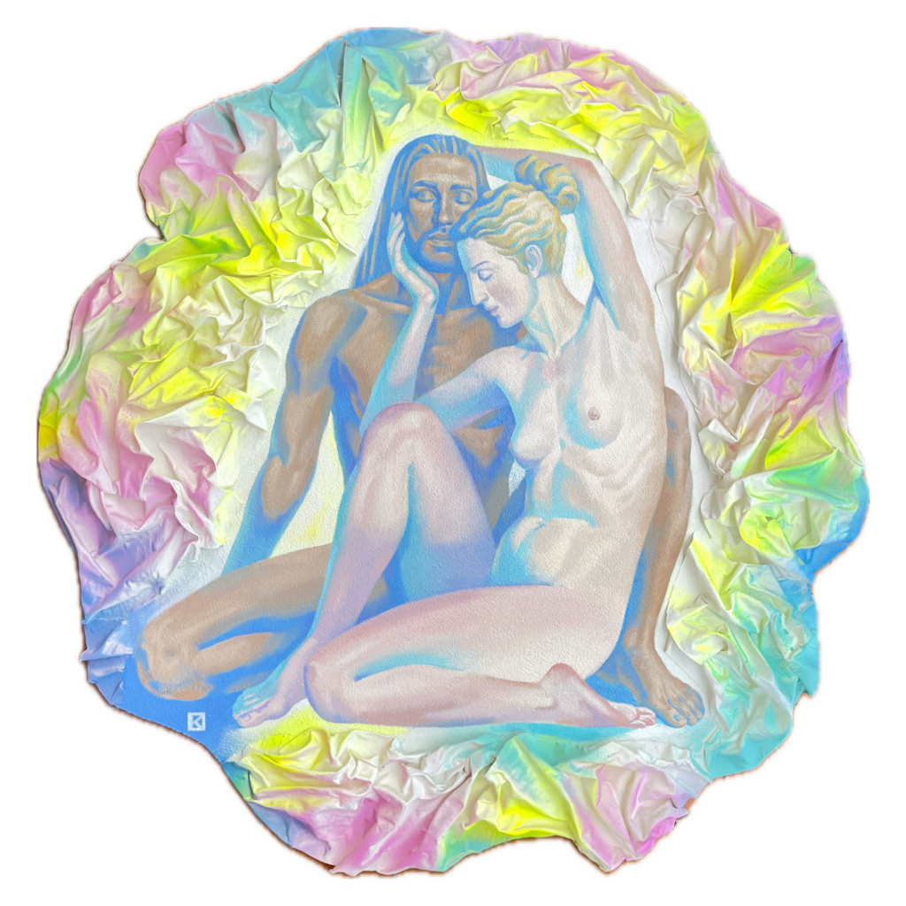 two lovers are meditating with close eyes and enjoing the proximity and a gentle touch to the head of the man by both of her hands. The nude bodies are emitting loving energy represented by the multicolored three-dimensional waves in palete of neon yellow and pink and blue