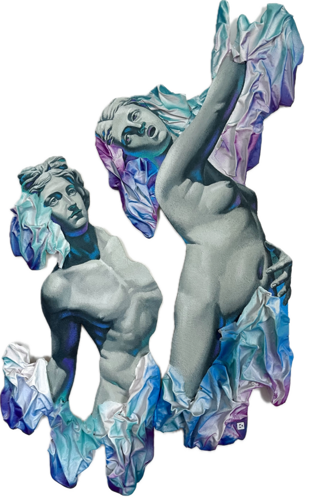 Contemporary classical sculpture inspired by Cupid and Daphne, depicting two expressive human figures with marble-like texture and dramatic flowing fabric in blue, turquoise, and violet tones, blending mythology with modern fine art aesthetics.