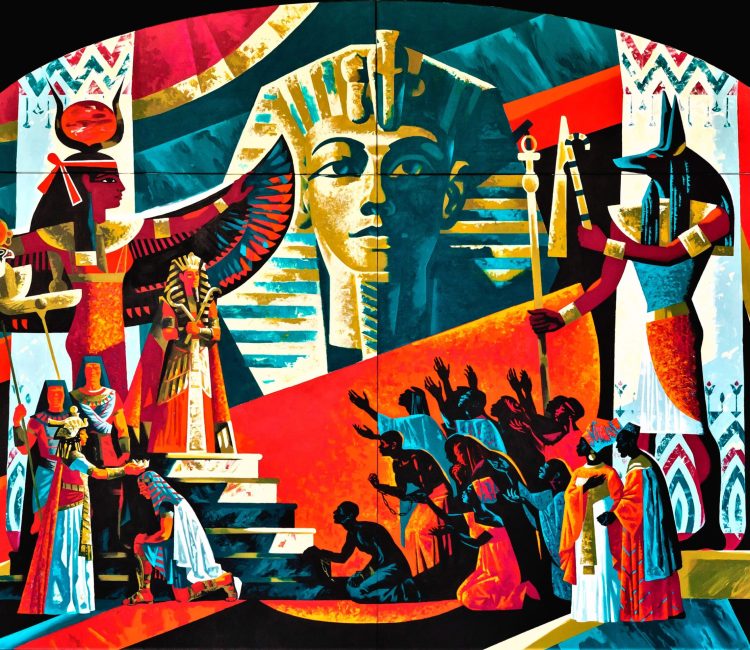 the pharaoh, the pharaoh's mask, a group of slaves and Anubis and Isis/Osiris