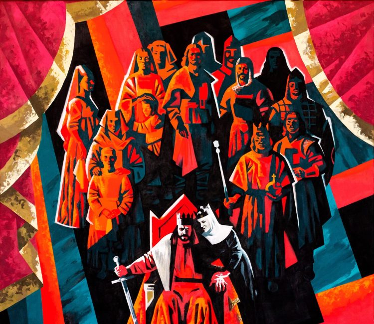 the king on the throne, holding a sword and suggested by a queen dressed as a nun, sorrounded by nobile people