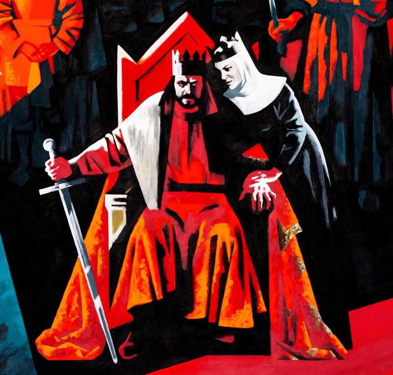 the king on the throne, holding a sword and suggested by a queen dressed as a nun