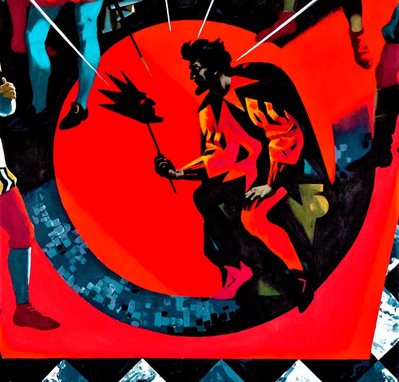 a men holding a face surrounded by swords pointed at him